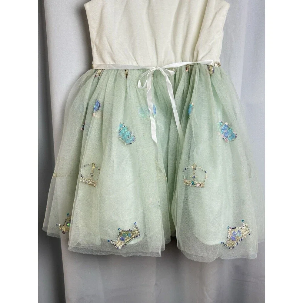 Zunie Girls Crown Sequin Sleeveless Tulle Dress In Cream & Mint Green Sz 6 New